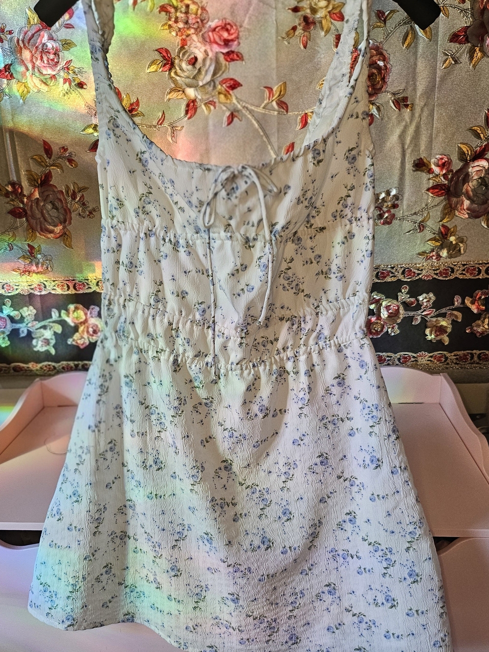 White Floral Tie-Back Sundress with Blue Sprig Print